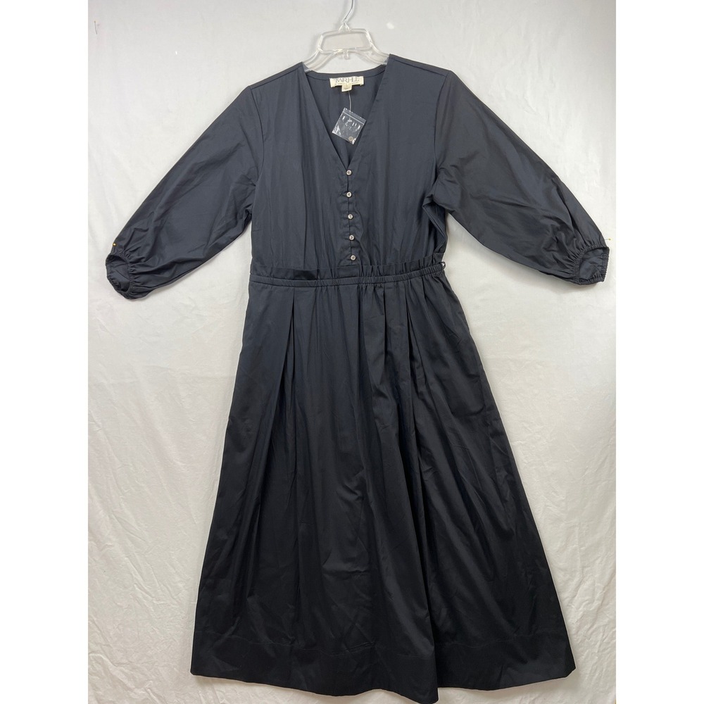 TWRHLL Christie Brinkley Dress Women L Black Midi V-Neck Elastic Waist Pleated